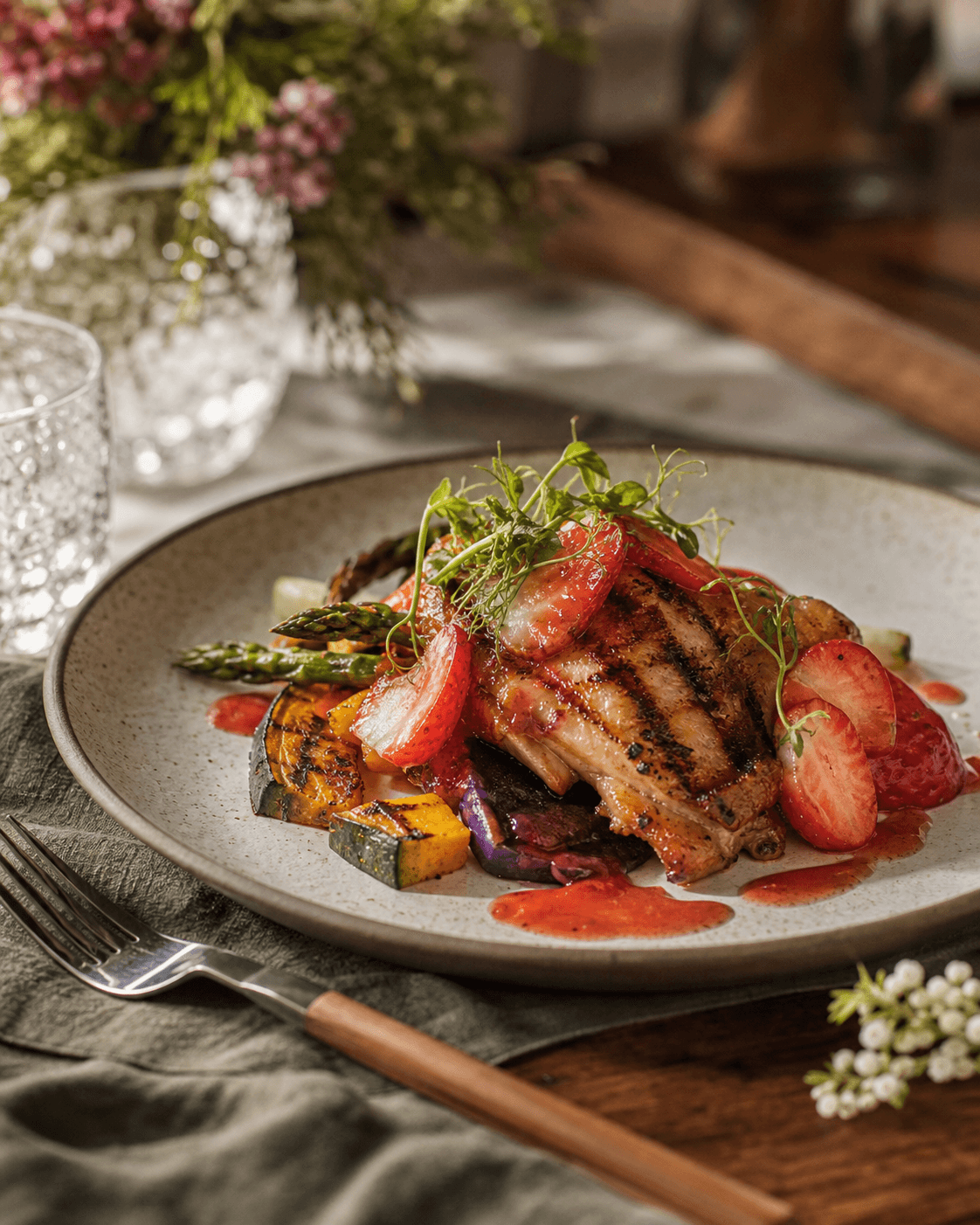 Signature grilled dish with strawberry sauce