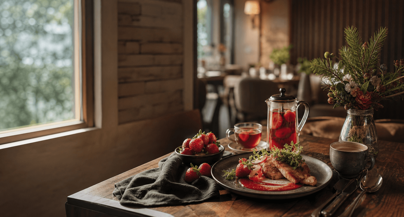 A polished Strawberry Bistro table setting
